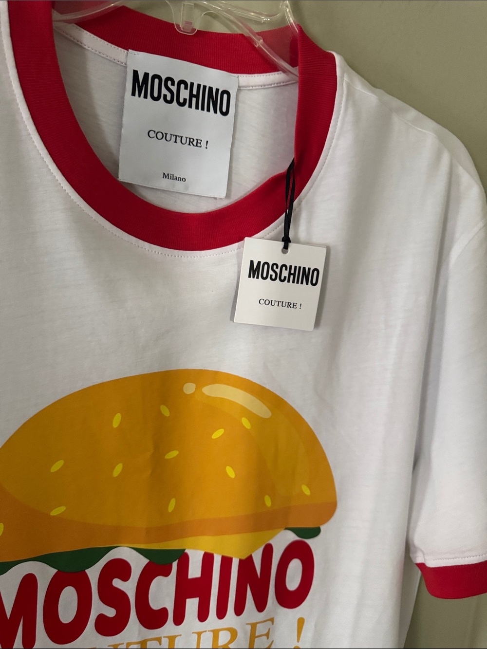 NEW Moschino Hamburger Logo Tee Size White Graphic Burger Tee Size L 50 - Picture 8 of 10